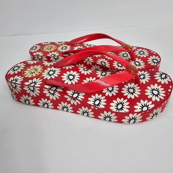 Tory Burch Red Flower Print Wedge Heel Flip Flop Sandals Women's Size Unmarked - Picture 4 of 12